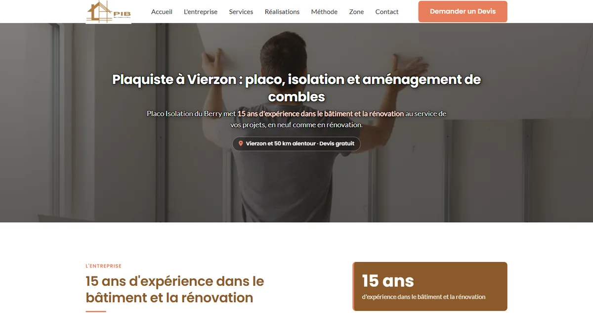 Page d’accueil du site de Placo Isolation du Berry