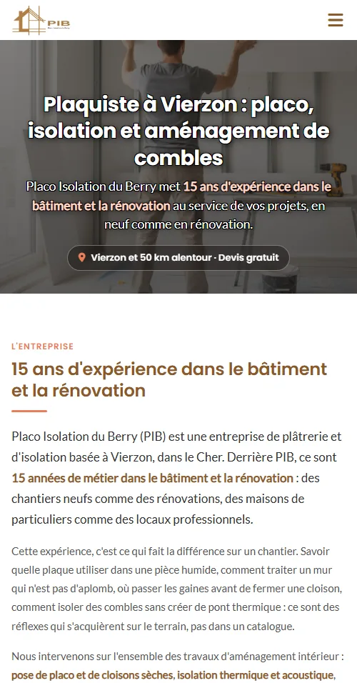 Page d’accueil du site pib-vierzon.fr affichée sur un téléphone