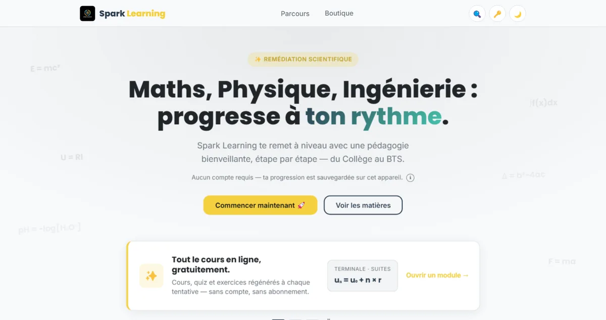 Page d’accueil de Spark Learning